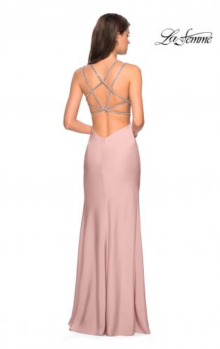 Picture of: Form Fitting Prom Dress with Slit and Beaded Straps in Blush, Style: 27519, Detail Picture 4