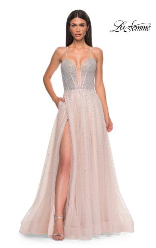 Picture of: Prom Gown with Rhinestone Tulle and Illusion Corset Bodice in Blush , Style 32725, Detail Picture 4