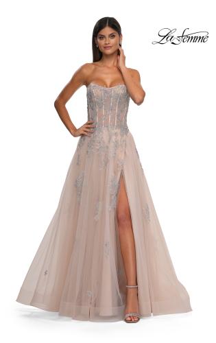Picture of: Tulle A-line Prom Dress with Gorgeous Rhinestone Lace Applique in Blush, Style: 33028, Detail Picture 4