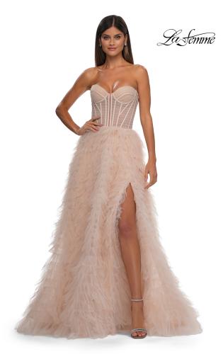 Picture of: Soft Ruffle Tulle Gown with an Illusion Corset Style Top in Blush , Style: 32528, Detail Picture 5