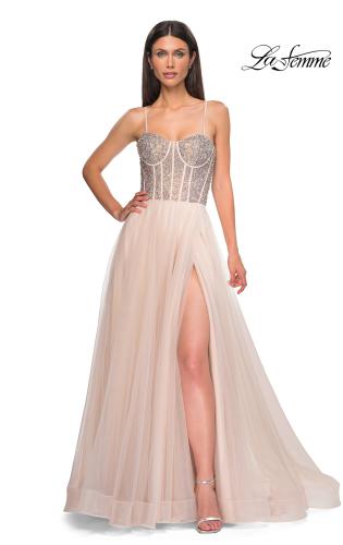 Picture of: Rhinestone Embellished Corset with Lace Up Back and Tulle Skirt in Blush , Style 32703, Detail Picture 6