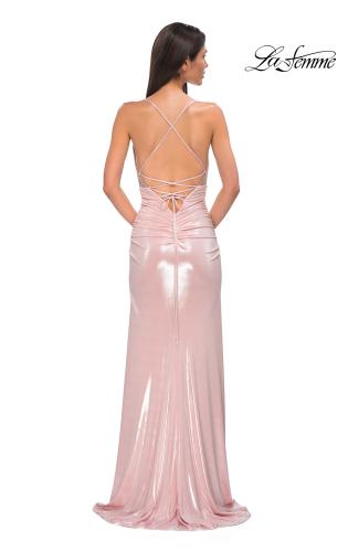 Picture of: Metallic Jersey Ruched Prom Dress with Rhinestone Bodice in Blush , Style 32793, Detail Picture 6