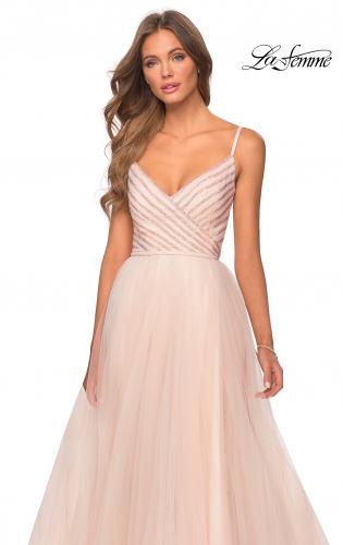 Picture of: Tulle A-line Dress with Patterned Rhinestone Bodice in Blush, Style: 28511, Detail Picture 7