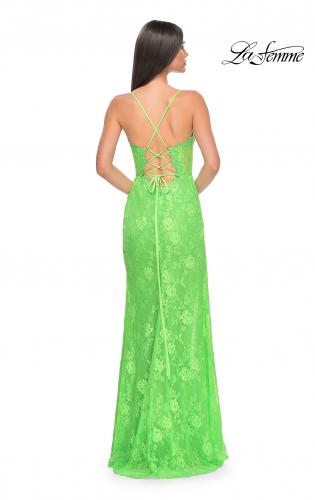 Picture of: Scallop Detail Lace Fitted Prom Dress with Illusion Bodice in Bright Green, Style: 32441, Detail Picture 10