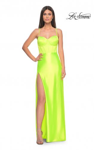 Picture of: Neon Stretch Satin Gown with Bustier Top and Lace Up Back in Bright Green, Style: 32262, Detail Picture 5