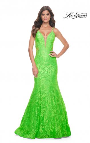 Picture of: Neon Long Mermaid Lace Dress with Back Rhinestone Detail in Bright Green, Style: 32314, Detail Picture 6