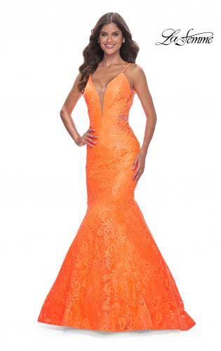 Picture of: Neon Long Mermaid Lace Dress with Back Rhinestone Detail in Bright Orange, Style: 32314, Main Picture