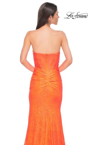 Picture of: Simple Long Stretch Lace Prom Dress with Ruching in Bright Orange, Style 32773, Detail Picture 12