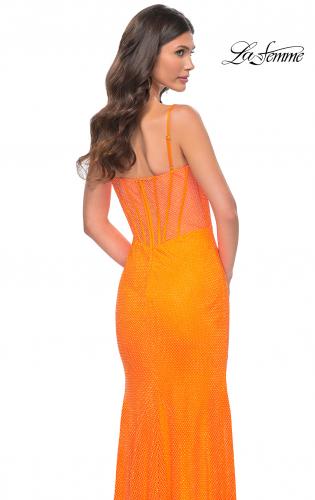Picture of: Neon Rhinestone Fishnet Fitted Dress with Corset Top in Bright Orange, Style: 32427, Back Picture
