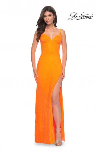 Picture of: Neon Rhinestone Fishnet Fitted Dress with Corset Top in Bright Orange, Style: 32427, Detail Picture 2