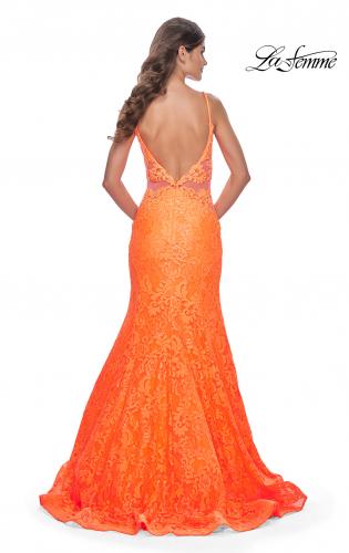 Picture of: Neon Long Mermaid Lace Dress with Back Rhinestone Detail in Bright Orange, Style: 32314, Detail Picture 4