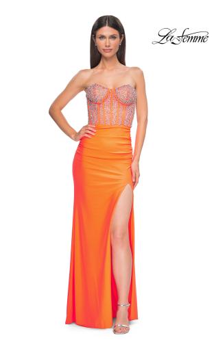 Picture of: Fabulous Prom Dress with Rhinestone Corset Bodice and Simple Skirt in Bright Orange, Style 32669, Detail Picture 5