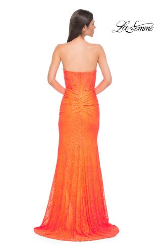 Picture of: Simple Long Stretch Lace Prom Dress with Ruching in Bright Orange, Style 32773, Detail Picture 6