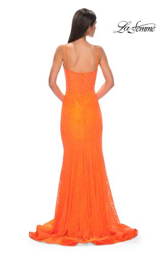 Picture of: Stretch Satin Prom Dress with Eyelet Detail Neckline in Bright Orange, Style 32671, Detail Picture 7