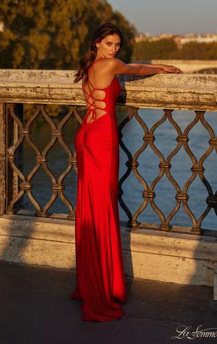 Picture of: Fitted Long Jersey Prom Dress with Ruching and Lace Up Back in Red, Style: 31618, Back Picture
