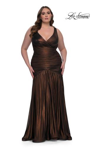 Picture of: Gorgeous Metallic Curve Dress with V Neck and Ruching in Bronze , Style: 33021, Detail Picture 1