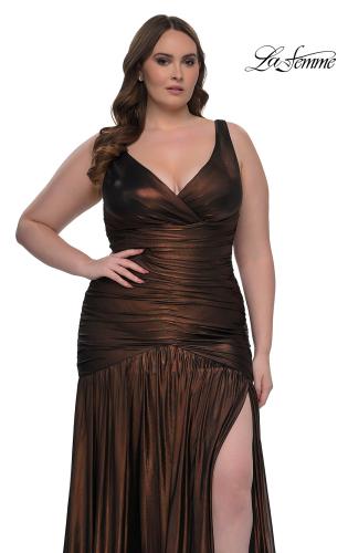 Picture of: Gorgeous Metallic Curve Dress with V Neck and Ruching in Bronze , Style: 33021, Detail Picture 5