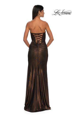 Picture of: Cut Out Strapless Prom Dress with Rosette Front Detail in Bronze , Style: 32987, Detail Picture 9