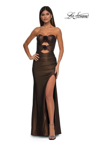 Picture of: Cut Out Strapless Prom Dress with Rosette Front Detail in Bronze , Style: 32987, Detail Picture 10