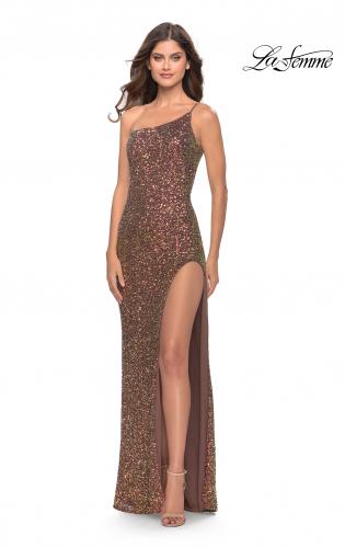 Picture of: Elegant Soft Sequin One Shoulder Long Dress in Bronze in Bronze, Style: 31426, Detail Picture 1