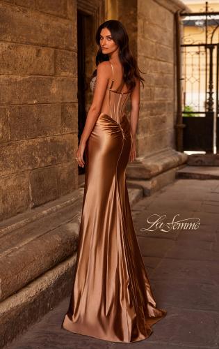 Picture of: Rhinestone Corset Prom Dress with Stretch Satin Skirt in Bronze , Style 32691, Detail Picture 2