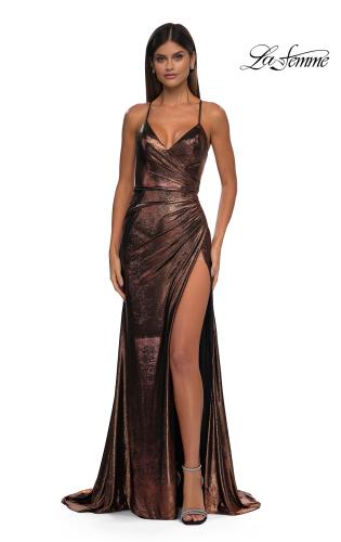 Picture of: Metallic Jersey Dress with Side Ruching and High Slit in Bronze, Style: 32884, Detail Picture 7