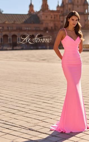 Picture of: Ruched Jersey Gown with Crisscross Open Back in Bubblegum Pink, Style: 33723, Detail Picture 11, Landscape