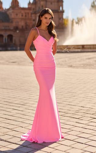 Picture of: Ruched Jersey Gown with Crisscross Open Back in Bubblegum Pink, Style: 33723, Detail Picture 2