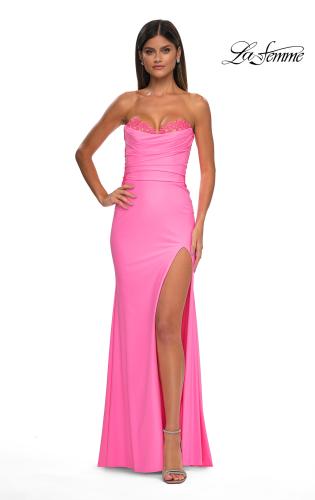 Picture of: Strapless Prom Dress with Ruching and Lace Detail Neckline and Back in Bubblegum Pink, Style: 32981, Detail Picture 4