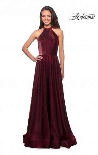 Picture of: Long Satin Gown with Embellished High Neckline in Burgundy, Style: 25576, Main Picture