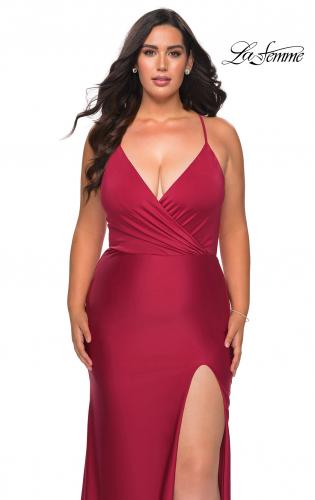 Picture of: Jersey Prom Dress for Curves with Slit and Criss Cross Back in Burgundy, Style: 29022, Main Picture