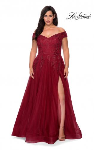 Picture of: Off The Shoulder Tulle Plus Size Gown with Lace in Burgundy, Style: 28950, Detail Picture 5