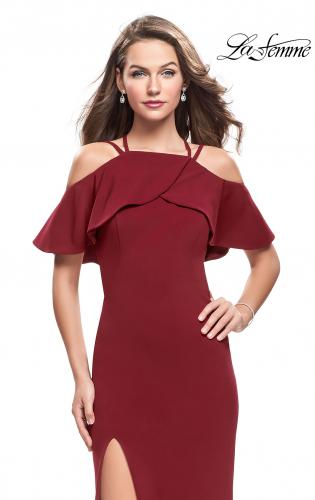 Picture of: Long Jersey Prom Dress with Off the Shoulder Ruffle Detail in Burgundy, Style: 25556, Main Picture