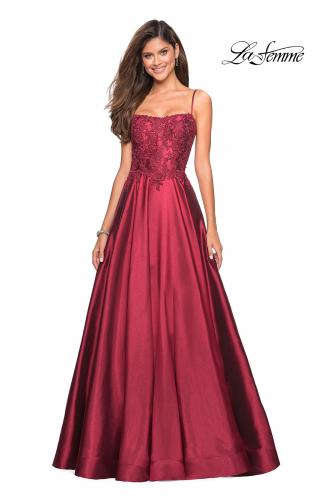 Picture of: Long Mikado Gown with Lace Bust and Open Back in Burgundy, Style: 27222, Main Picture