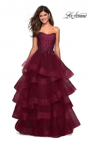 Picture of: Strapless Floor Length Layered Tulle Prom Gown in Burgundy, Style: 27291, Main Picture
