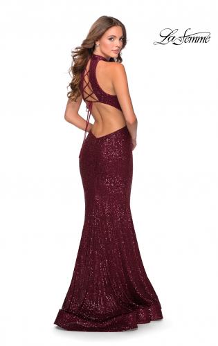 Picture of: Long Sequin Gown with High Neckline and Lace Back in Burgundy, Style: 28612, Detail Picture 8