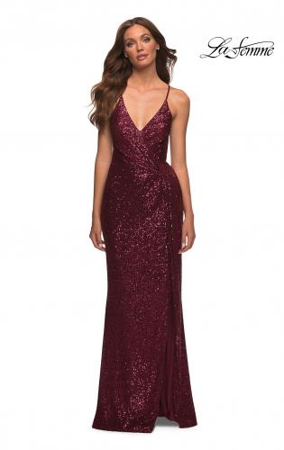 Picture of: Draped Slit Long Sequin Gown with Lace Up Back in Burgundy, Detail Picture 8