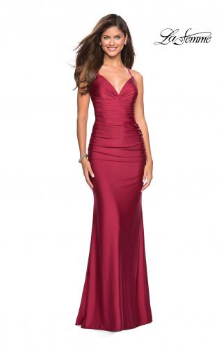 Picture of: Form Fitting Jersey Dress with Ruching and Strappy Back in Burgundy, Style: 27501, Detail Picture 9
