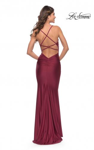 Picture of: Form Fitting Jersey Dress with Ruching and Strappy Back in Burgundy, Style: 27501, Detail Picture 14
