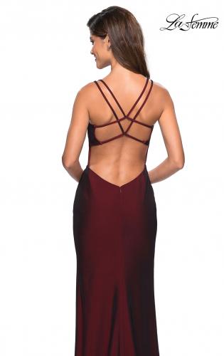 Picture of: Form Fitting Jersey Dress with Open Strappy Back in Burgundy, Style: 27512, Back Picture