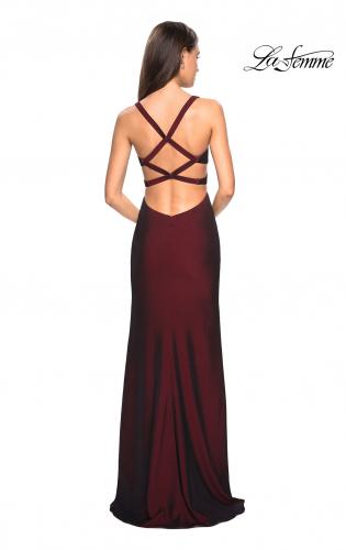 Picture of: Long Jersey Prom Dress with Side Cut Outs in Burgundy, Style: 27785, Back Picture