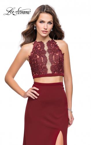 Picture of: Two Piece Prom Dress with Lace Bodice and Beading in Burgundy, Style: 25919, Detail Picture 1