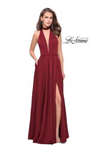 Picture of: Long Satin Prom Dress with Pockets and Beaded Choker in Burgundy, Style: 26154, Detail Picture 1