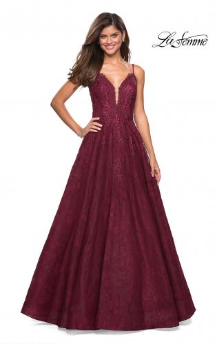 Picture of: Lace Detail Long A Line Prom Dress with Open Back in Burgundy, Style: 27030, Detail Picture 3