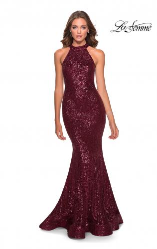 Picture of: Long Sequin Gown with High Neckline and Lace Back in Burgundy, Style: 28612, Detail Picture 7