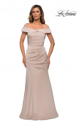 Picture of: Off the Shoulder Satin Evening Gown with Ruching in Champagne, Style: 28110, Main Picture