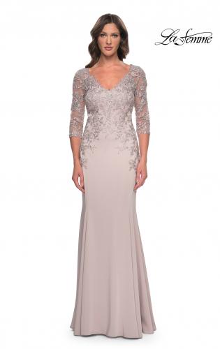 Picture of: Fitted Long Satin Dress with Lace Bodice and Sleeves in Champagne, Style: 31194, Main Picture
