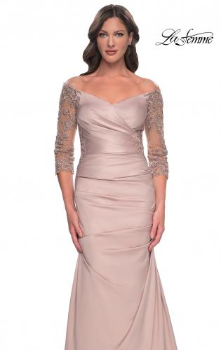 Picture of: Mermaid Satin Dress with Gathering and Off the Shoulder Top in Champagne, Style: 30853, Detail Picture 13