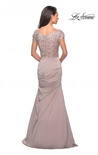 Picture of: Long Jersey Dress with Embellished Ruched Top in Champagne, Style: 26806, Back Picture