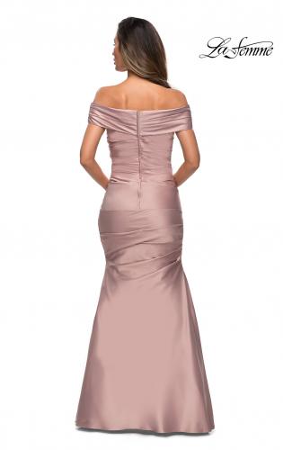 Picture of: Off the Shoulder Satin Evening Gown with Pleating in Champagne, Style: 28047, Back Picture